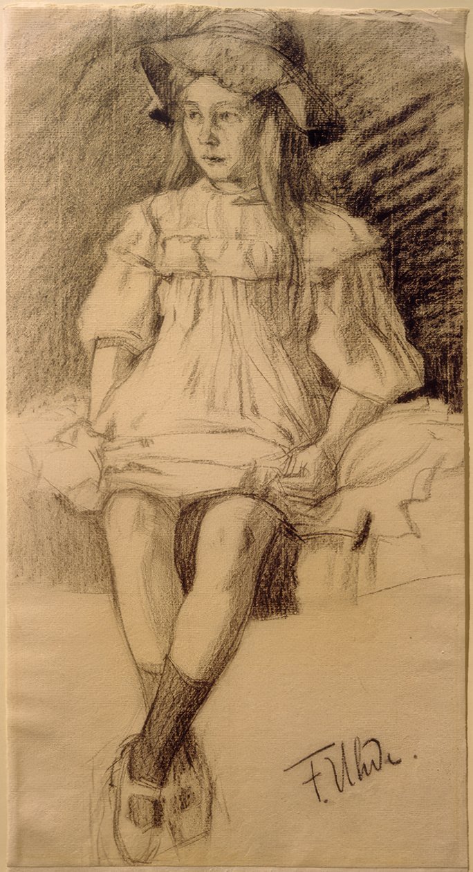 Zittend meisje met hoed door Fritz von Uhde