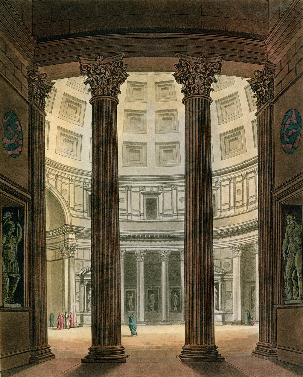 Interieur van het Pantheon, Rome, uit Le Costume Ancien et Moderne door Jules Ferrario, gegraveerd door G. Castellini, gepubliceerd ca. 1820s-30s door Fumagalli