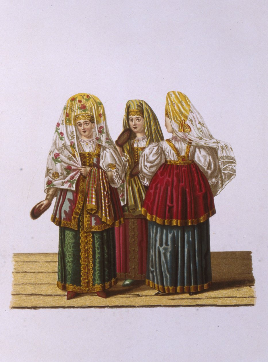Kostuums van vrouwen en meisjes uit Tver uit de serie Kleding van de Russische staat door Fyodor Grigoryevich Solntsev