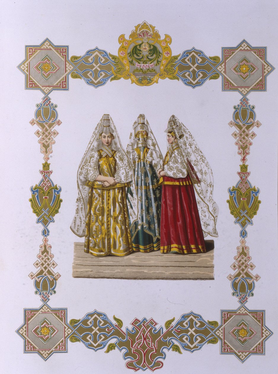 Zomerkostuums van vrouwen uit Torzhok Uit de serie Kleding van de Russische staat, 1851 door Fyodor Grigoryevich Solntsev