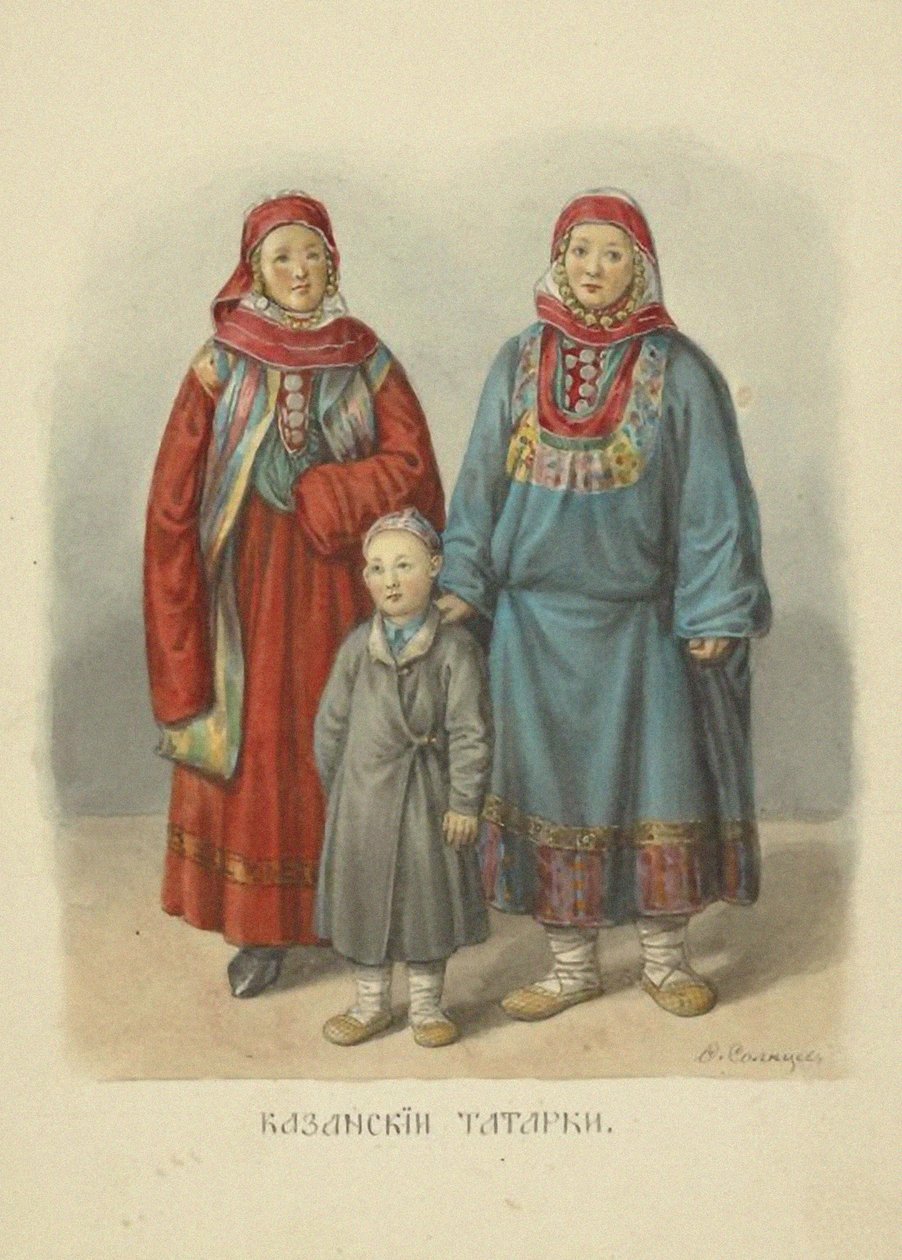 Kazan Tataarse Vrouwen, illustratie uit de serie Kleding van de Russische Staat, 1869 door Fyodor Grigoryevich Solntsev