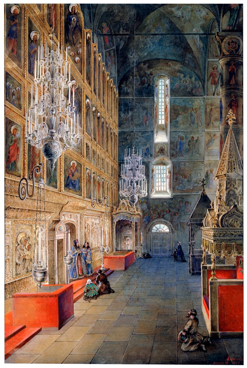 Interieur in de Maria-Hemelvaartkathedraal in het Kremlin van Moskou door Fyodor Yakovlevich Alexeev