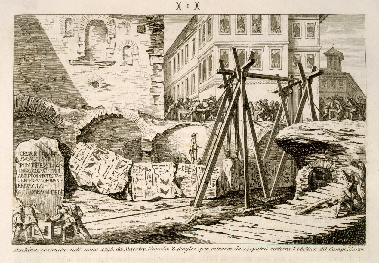 Het apparaat uitgevonden door Nicola Zabaglia in 1748 voor het optillen van de Obelisk in het Campus Martius die 14 handen onder de grond was door G. Balzar