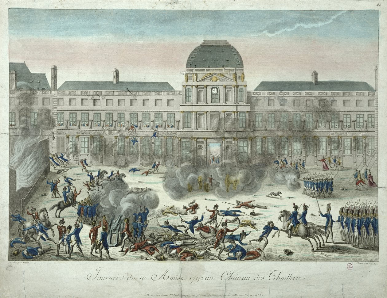 Chateau des Tuileries, 10 augustus 1792, gegraveerd door Jourdan door G. Texier