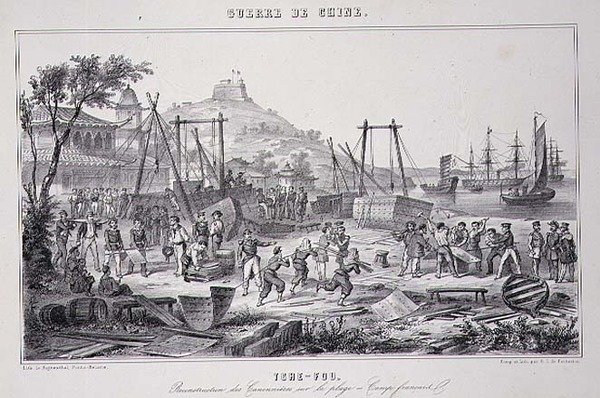 Heropbouw van kanonneerboten op het strand van Tche-Fou, uit 