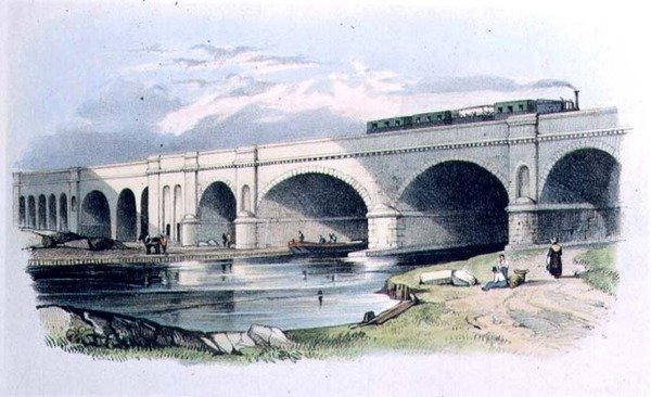 Uitzicht op de Greenwich Railway die over het Surrey Canal bij Trundley