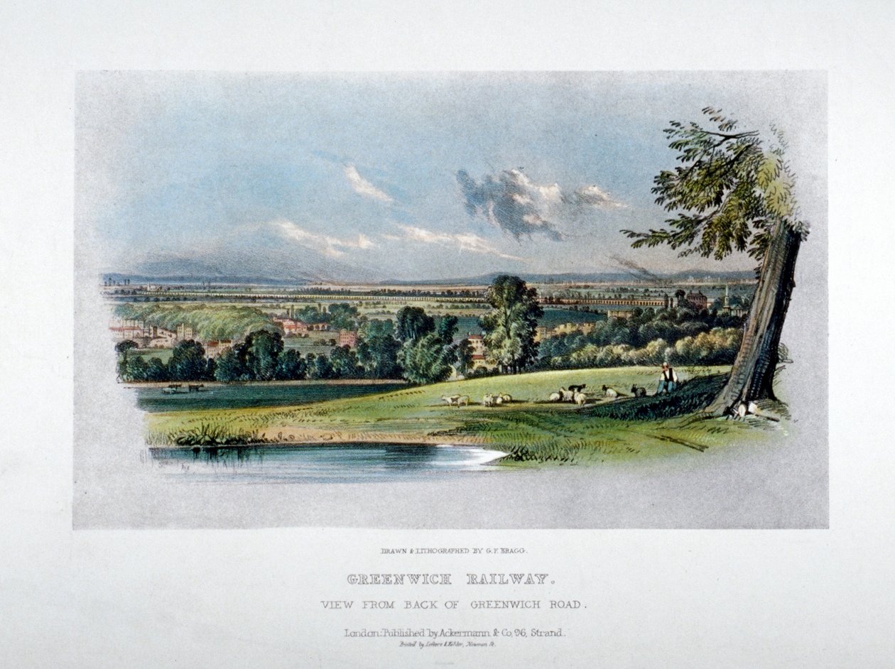 Uitzicht op de London en Greenwich Railway vanaf de achterkant van Greenwich Road, 1836 door GF Bragg