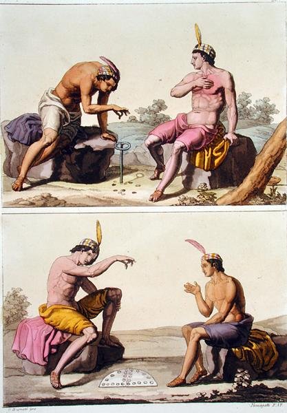 Indianen spelen Queciu (boven) en Porotos (onder), Chili, uit 