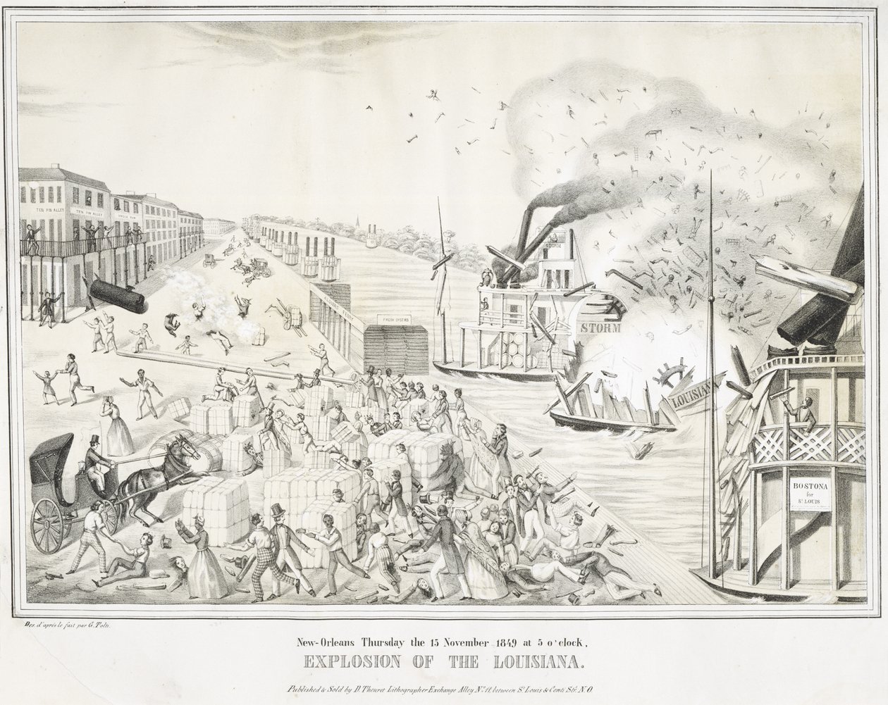 New Orleans donderdag 15 november 1849 om 5 uur, Explosie van de Louisiana, ca. 1849 door G. (after) Tolti