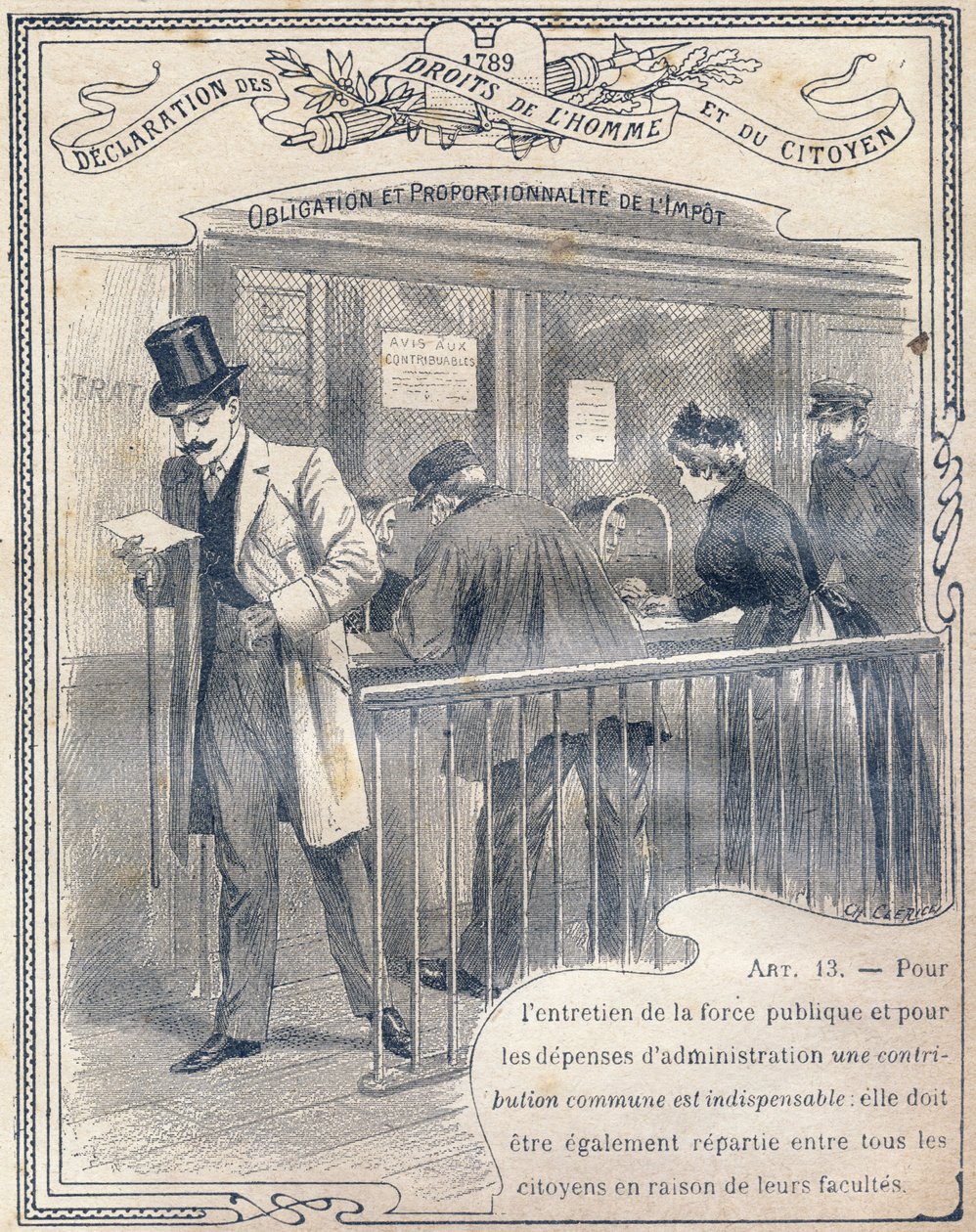 1789: Verklaring van de rechten van de mens en de burger: Verplichting en proportionaliteit van de belasting. Gravure in "Het enige boek van moraal en burgerlijke instructie, bestemd voor leerlingen van de drie cursussen van de lagere school en voor die va door G. Dascher