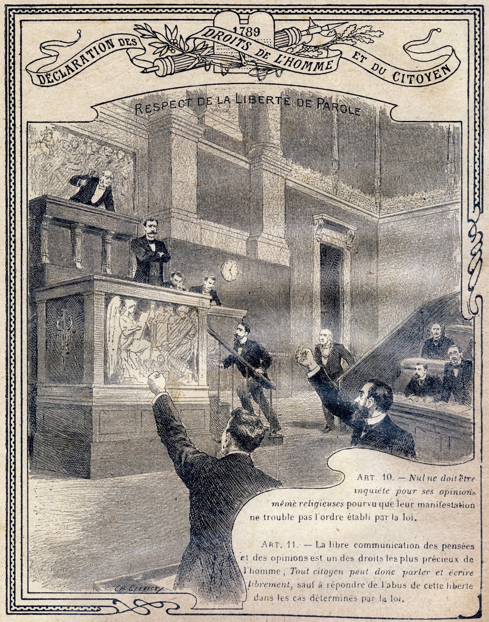 1789: Verklaring van de rechten van de mens en de burger: Respect voor de vrijheid van meningsuiting. Gravure in 