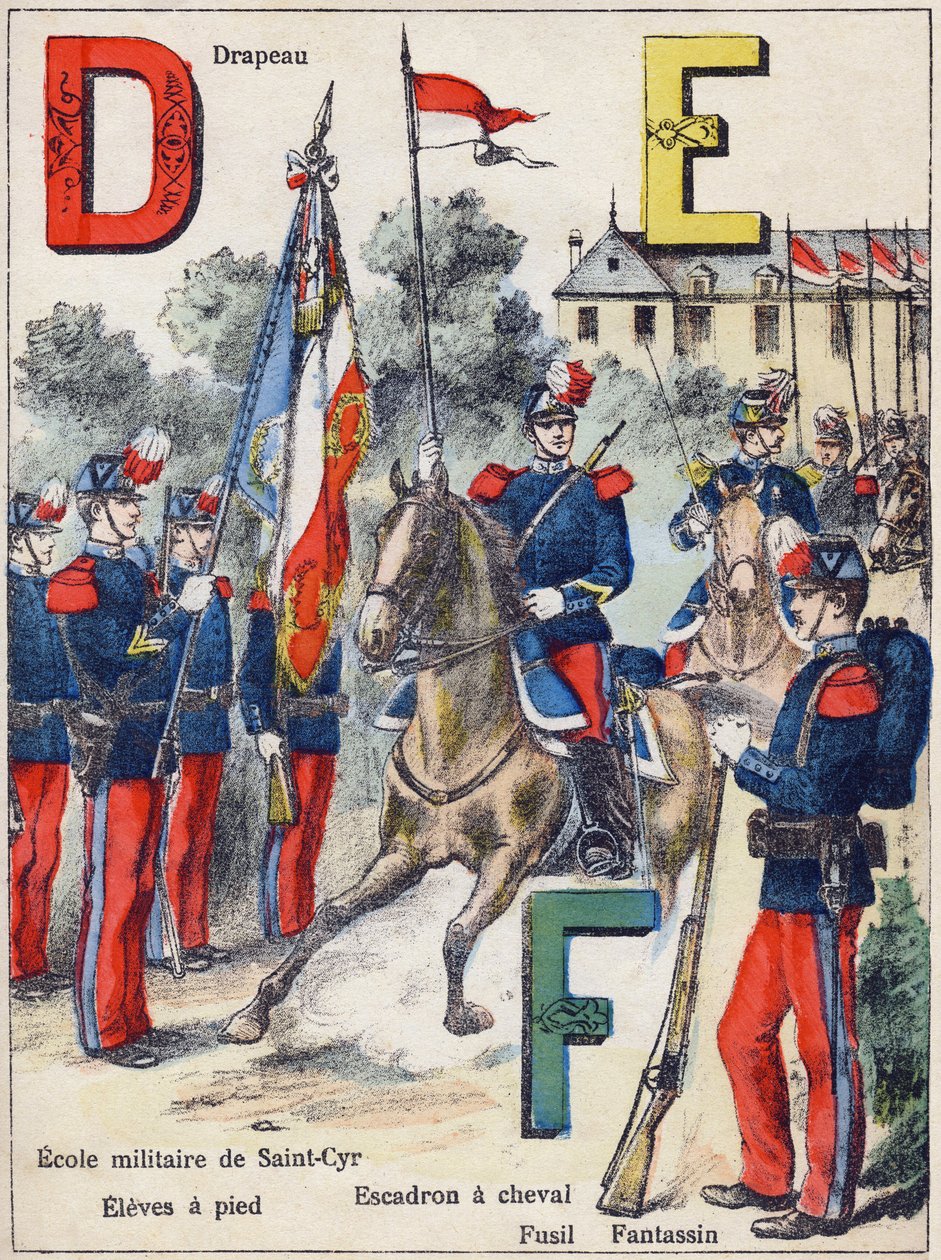 Letters D E F: Vlag, Militaire School van Saint-Cyr (Saint Cyr), Leerlingen te voet, Paardensquadron, Geweer en Infanterist, ca. 1900 (lithografie) door G. Dascher