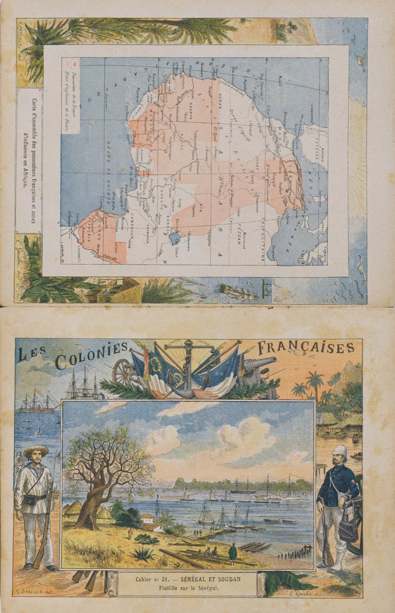 Kaart van Franse bezittingen en invloedsferen in Afrika en een uitzicht op de rivier de Senegal, omslag van een schoolschrift, eind 19e eeuw door G. Dascher