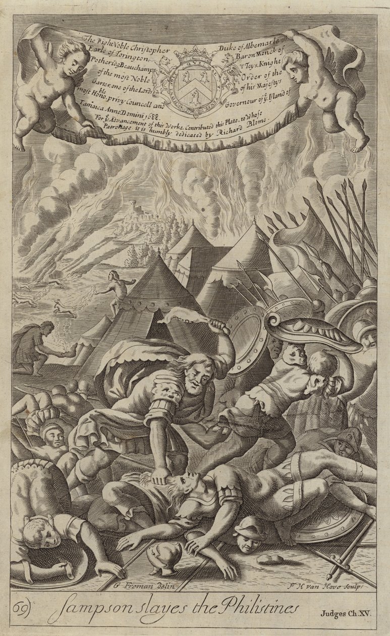 Simson verslaat de Filistijnen (gravure) door G Freman