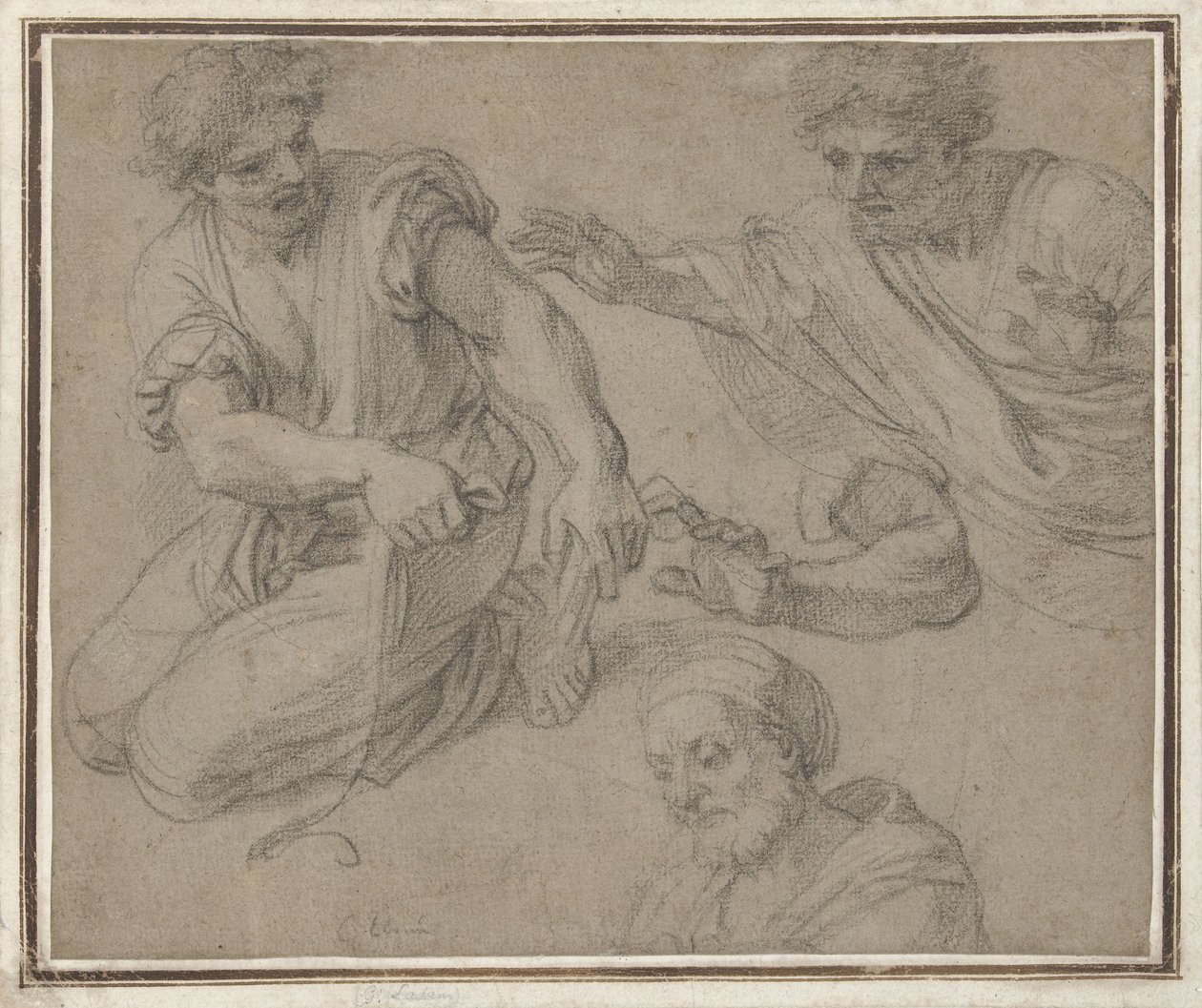 Studies van een knielende man, halffiguur, arm en buste door G. Ladan