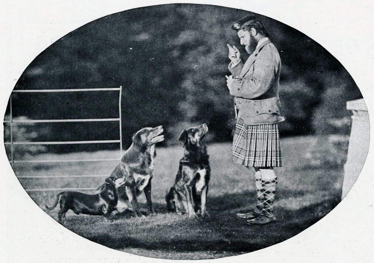 Mr. Francis Clark, de lakei van de koningin, met drie van haar favoriete honden door G. W. Wilson and Company