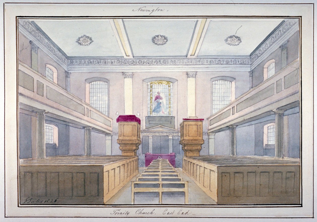 Interieurzicht van het oostelijke einde van de Heilige Drie-eenheidskerk, Newington, Southwark, Londen, 1826 door G Yates