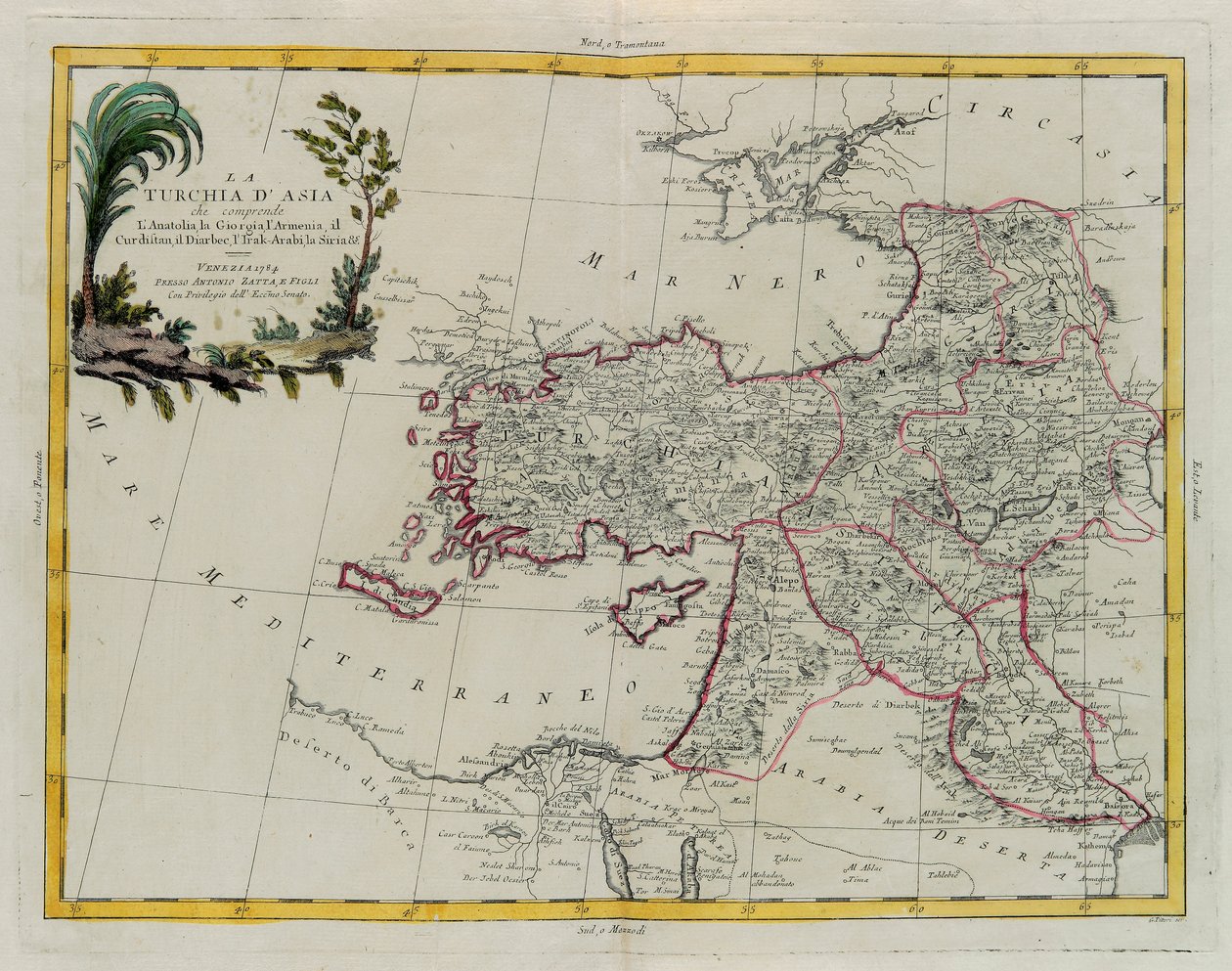 Aziatisch Turkije, inclusief Anatolië, Georgië, Armenië, Koerdistan, Diarbekir, Irak-Arabi, Syrië, gravure door G. Zuliani uit Tome IV van de "Nieuwste Atlas" gepubliceerd in Venetië in 1784 door Antonio Zatta, Privécollectie door G. Zuliani