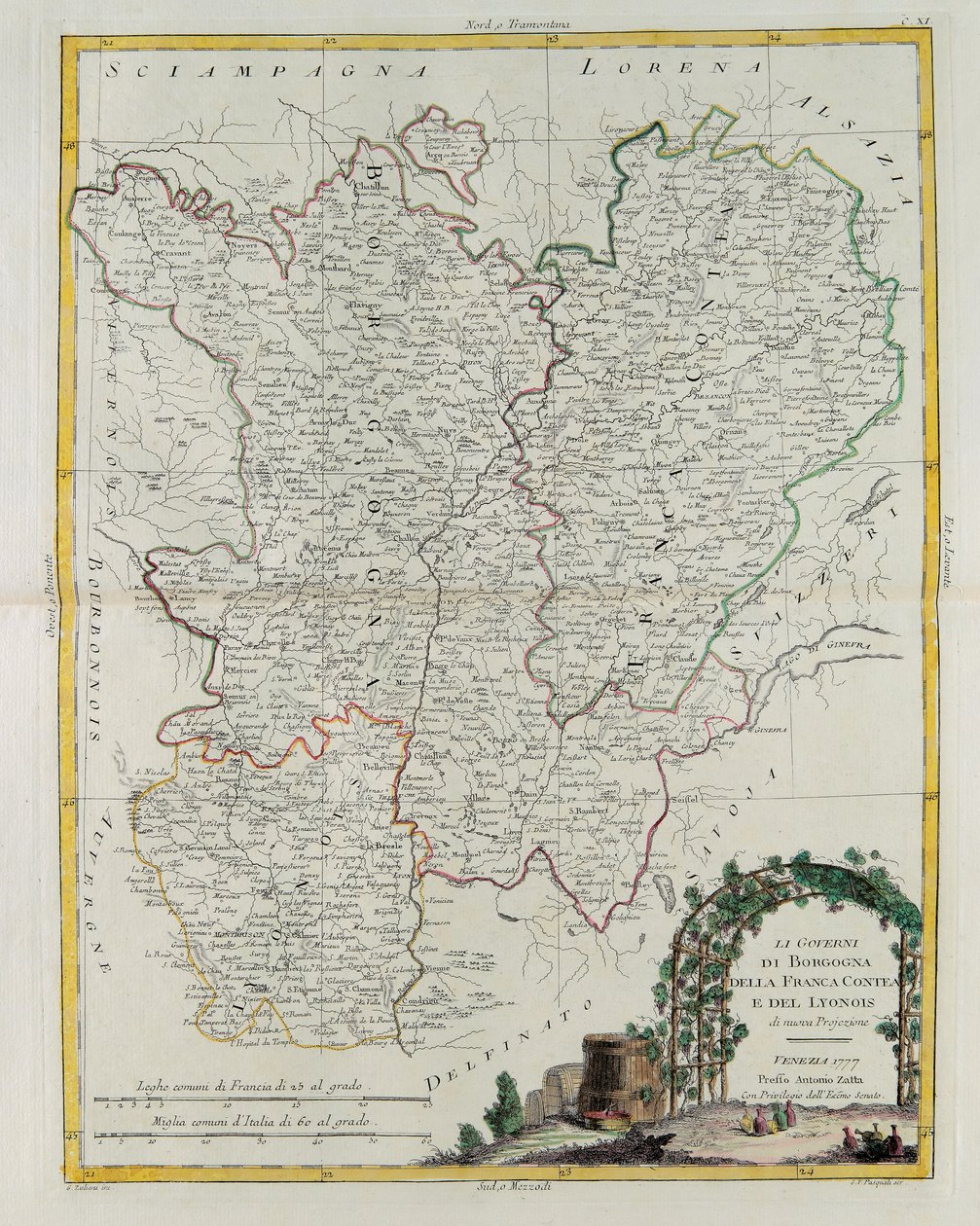 Gouvernances van Bourgogne, Franca Contea en Lyon, gravure door G. Zuliani uit Tome I van de Nieuwste Atlas gepubliceerd in Venetië in 1777 door Antonio Zatta, Privécollectie door G. Zuliani