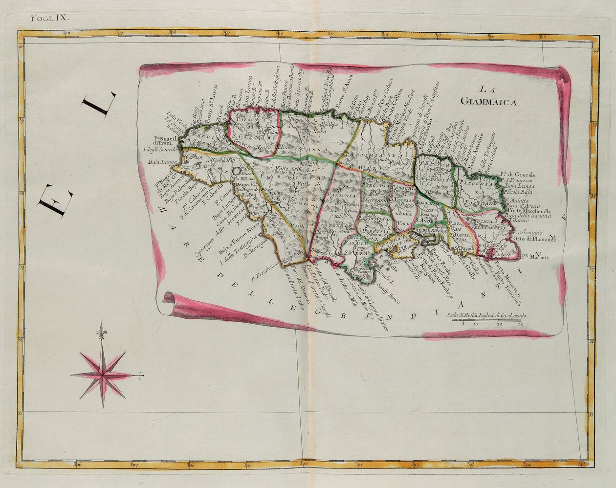 Jamaica, gravure door G. Zuliani uit Tome I van de "Nieuwste Atlas" gepubliceerd in Venetië in 1778 door Antonio Zatta, Privécollectie door G. Zuliani