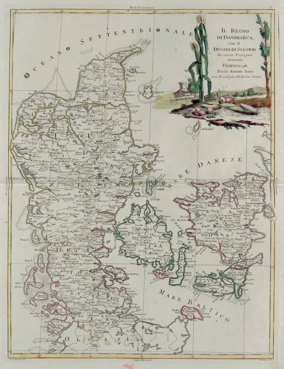 Koninkrijk Denemarken met het Hertogdom Slesvik, gravure door G. Zuliani uit Tome III van de "Nieuwste Atlas" gepubliceerd in Venetië in 1781 door Antonio Zatta, Privécollectie door G. Zuliani