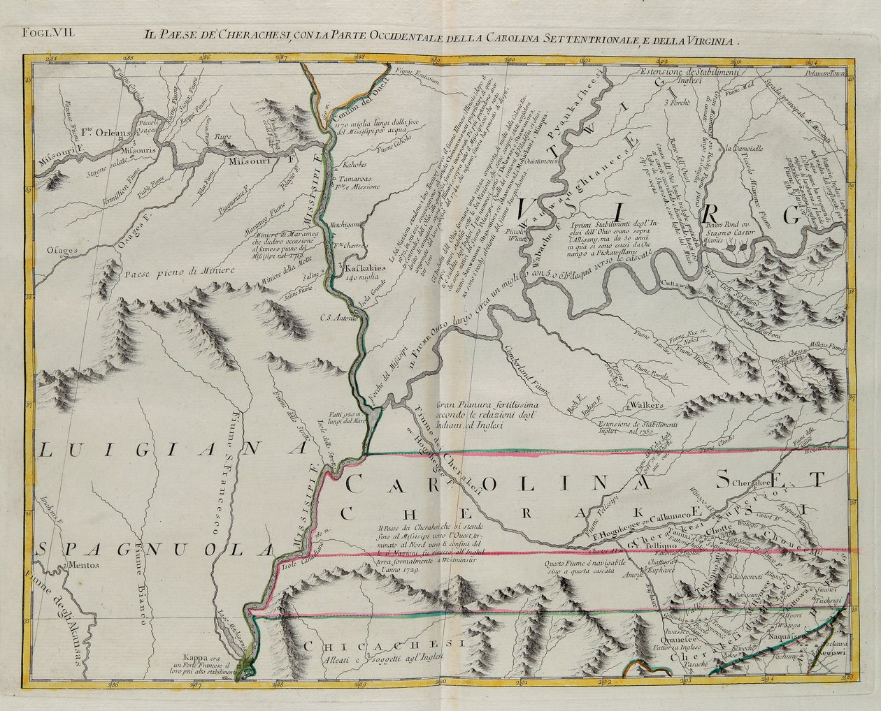 Land van de Cherokees met het westelijke deel van North Carolina en Virginia, gravure door G. Zuliani uit Tome I van de 