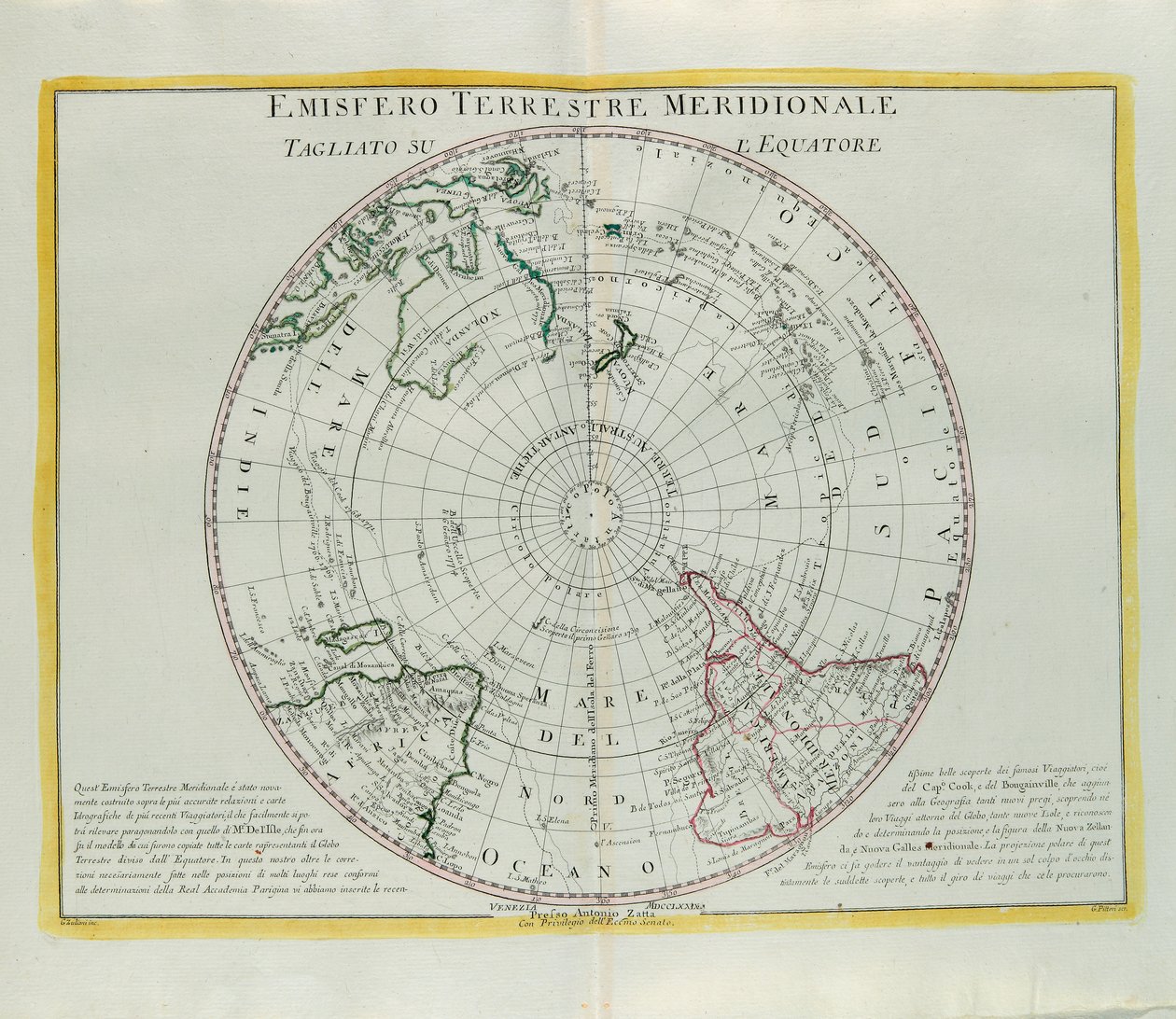 Zuidelijk halfrond van de aarde gesneden op de evenaar, gravure door G. Zuliani uit Tome I van de Nieuwste Atlas gepubliceerd in Venetië in 1779 door Antonio Zatta door G. Zuliani