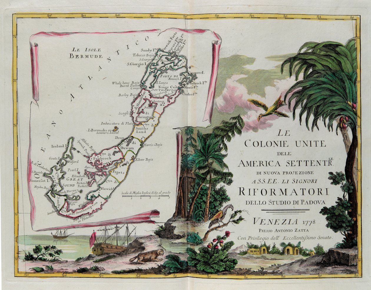 De eilanden Bermuda en het frontispice van de sectie gewijd aan de Verenigde Kolonies van Noord-Amerika, gravure door G. Zuliani uit Tome I van de "Nieuwste Atlas" gepubliceerd in Venetië in 1778 door Antonio Zatta, Privécollectie door G. Zuliani