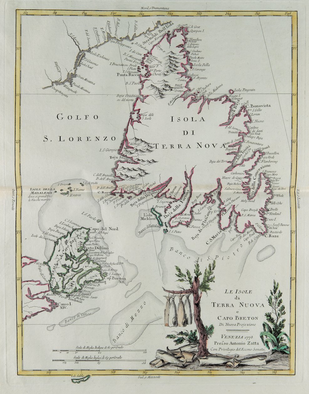 De eilanden Newfoundland en Cape Breton, gravure door G. Zuliani uit Tome I van de "Nieuwste Atlas" gepubliceerd in Venetië in 1778 door Antonio Zatta, Privécollectie door G. Zuliani