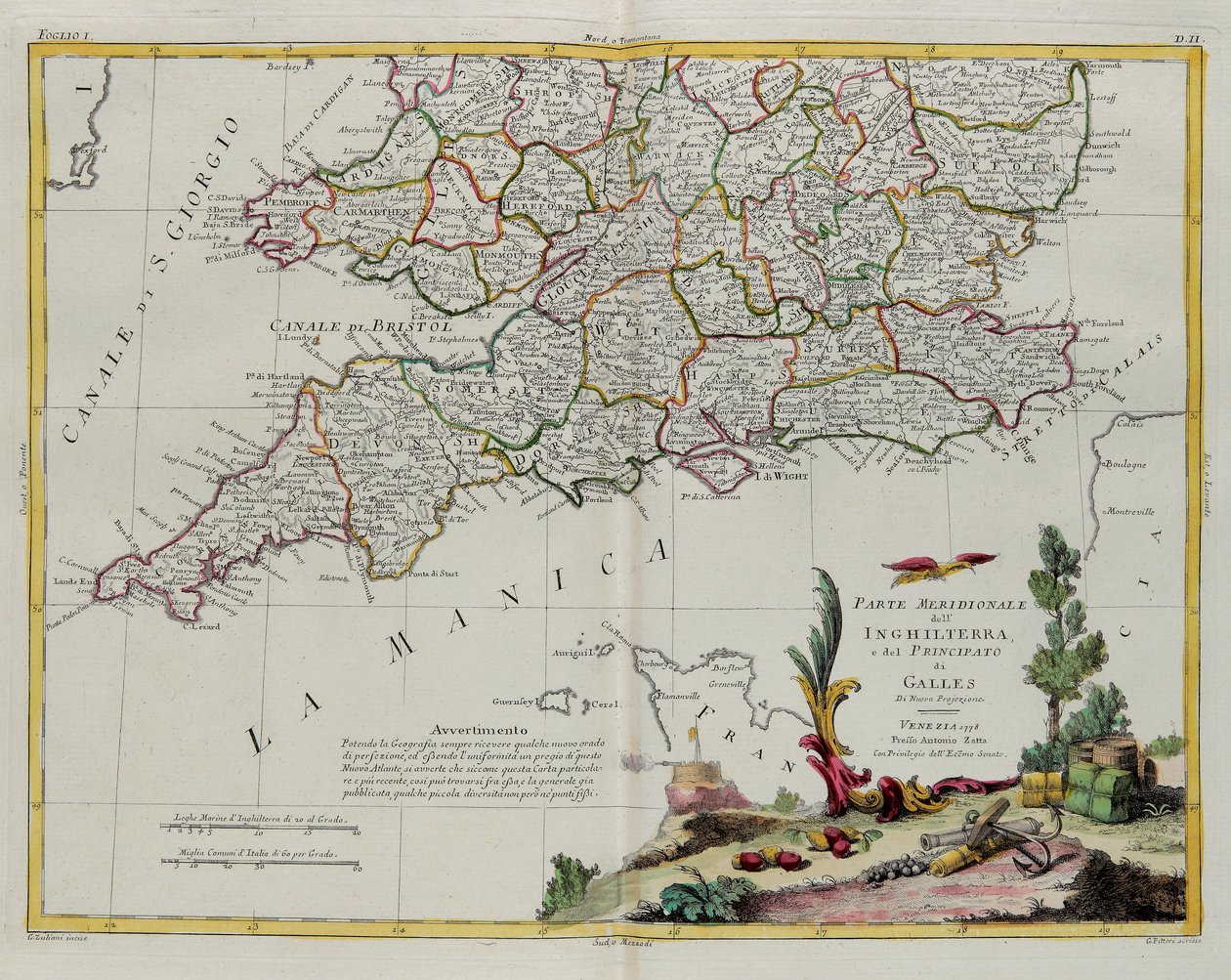 Het zuidelijke deel van Engeland en het prinsdom Wales, gravure door G. Zuliani uit Tome I van de Nieuwste Atlas gepubliceerd in Venetië in 1778 door Antonio Zatta, Privécollectie door G. Zuliani