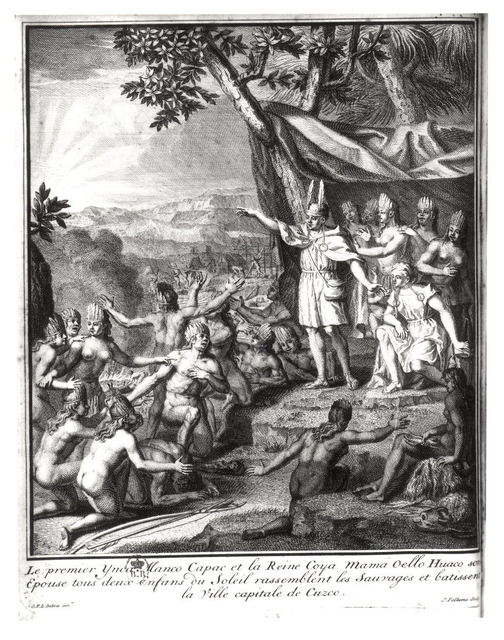 Manco Capac en zijn vrouw, Coya Mama Oello Huaco, verzamelen de wilden en bouwen Cuzco door Gabriel Francois Louis Debrie