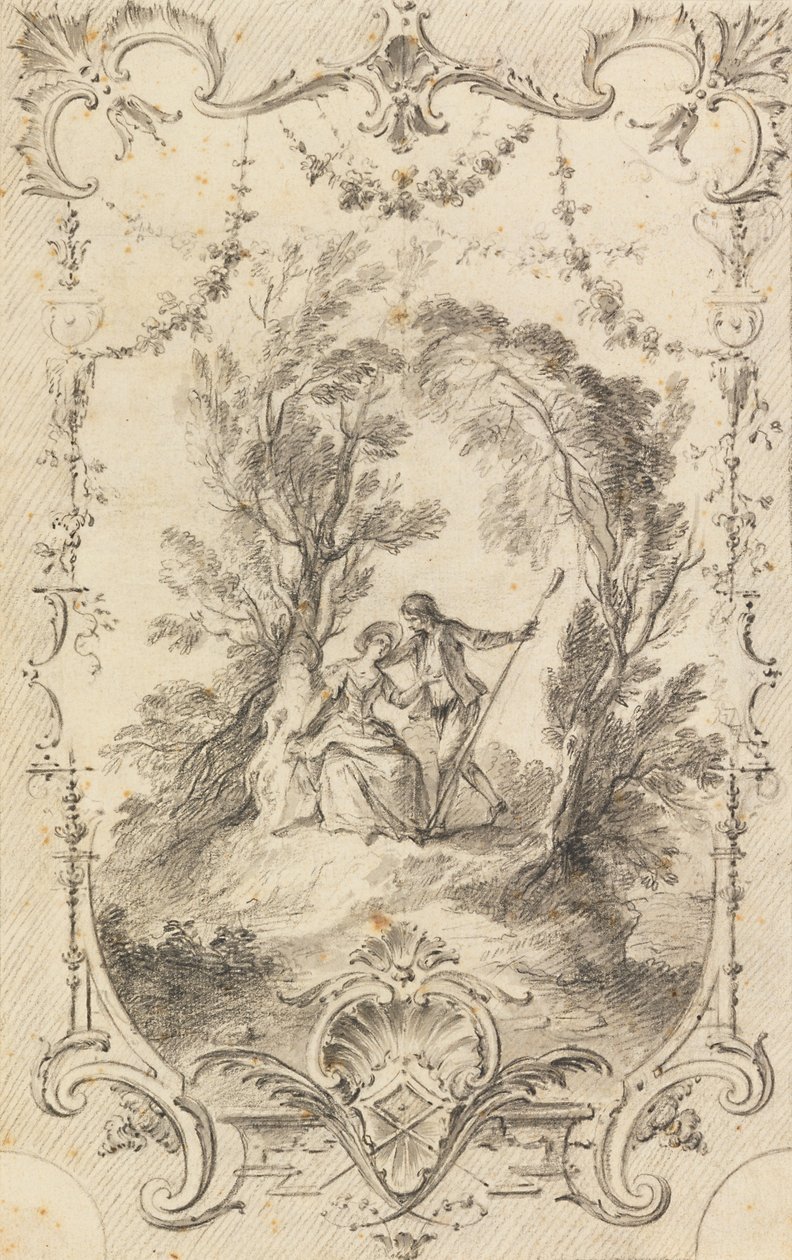 De IJverige Herder (Voorbereidende tekening voor plaat 247 in LOeuvre gravé de Watteau, 1739) door Gabriel Huquier