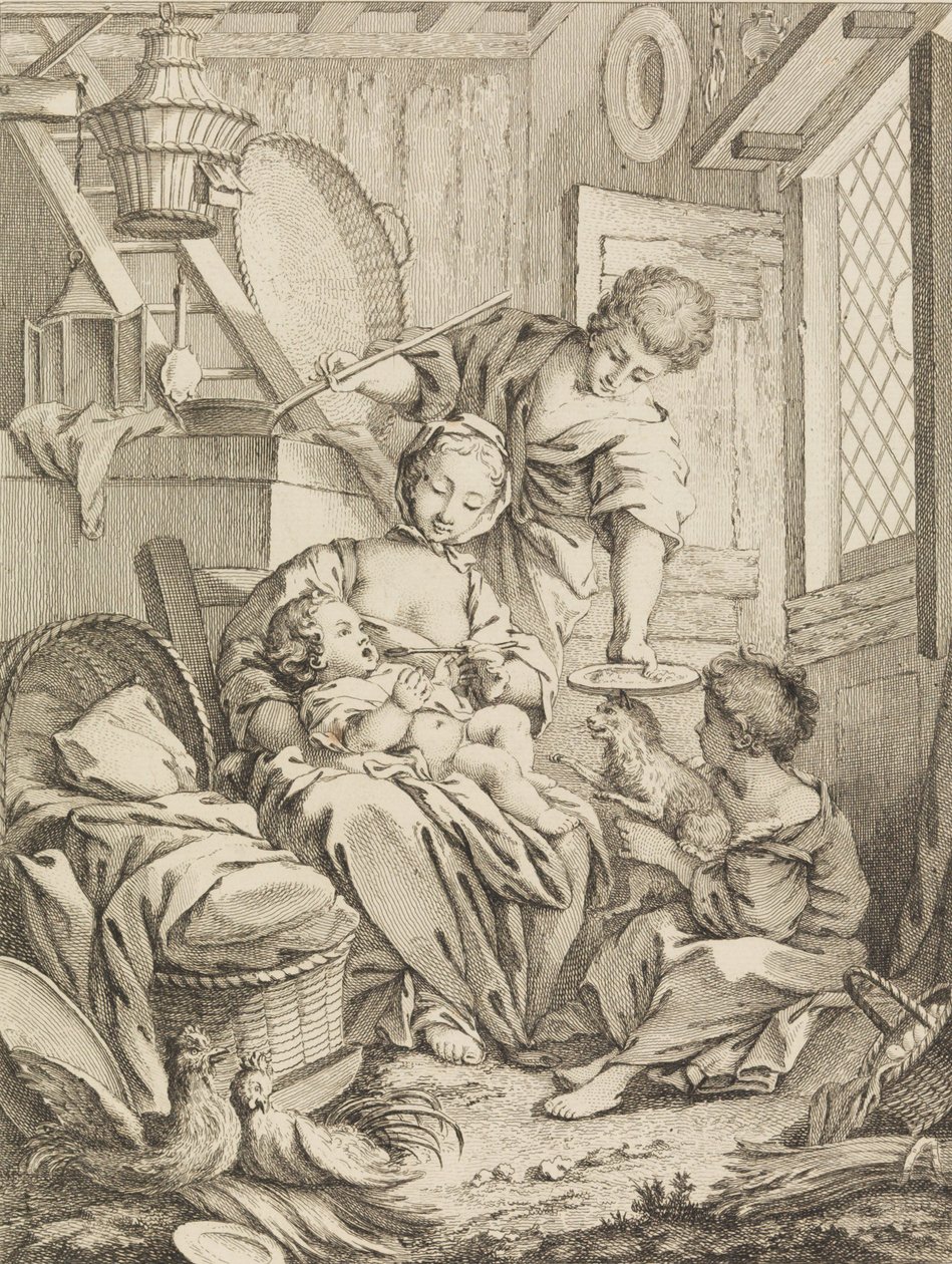 Plaat 1: Jonge Vrouw die haar Baby Voedt, uit Premier Livre de Sujets et Pastorales Fi..., 1720-72 door Gabriel Huquier