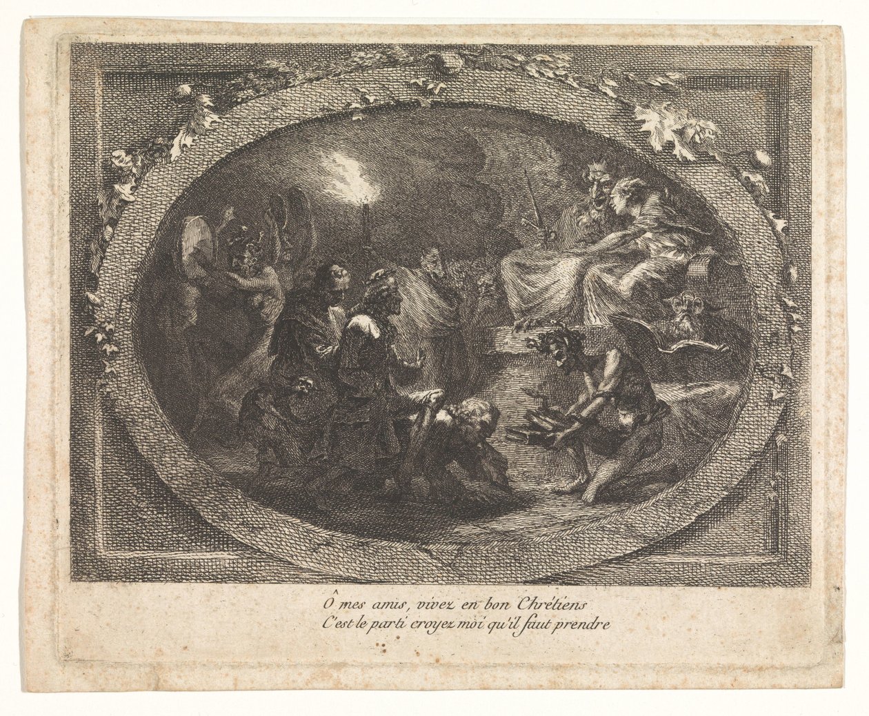 Voltaire aangekomen in de hel door Gabriel Jacques de Saint Aubin (school of)
