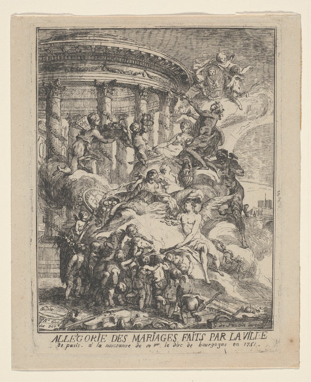 Allegorie van de huwelijken gesloten door de stad Parijs bij de geboorte van de hertog van Bourgondië door Gabriel Jacques de Saint Aubin