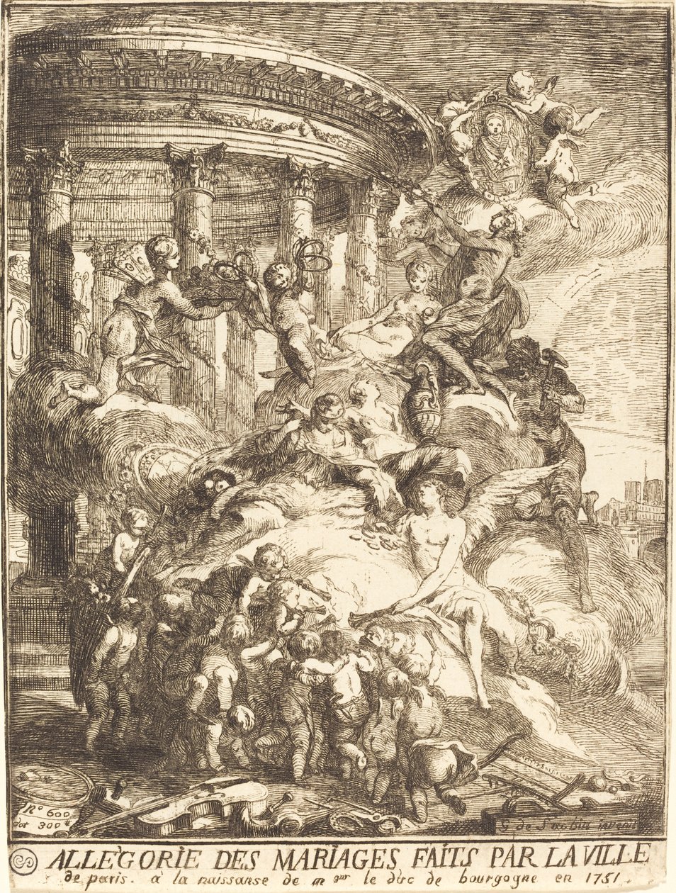 Allegorie van de huwelijken gesloten door de stad Parijs bij de geboorte van de Hertog van Bourgondië door Gabriel Jacques de Saint Aubin
