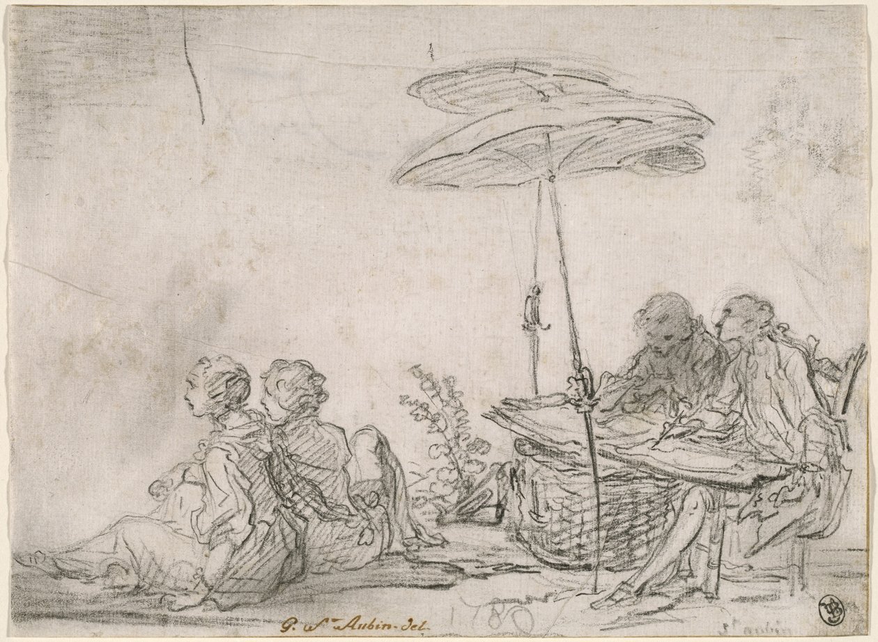 Tekenaar Buiten door Gabriel Jacques de Saint Aubin