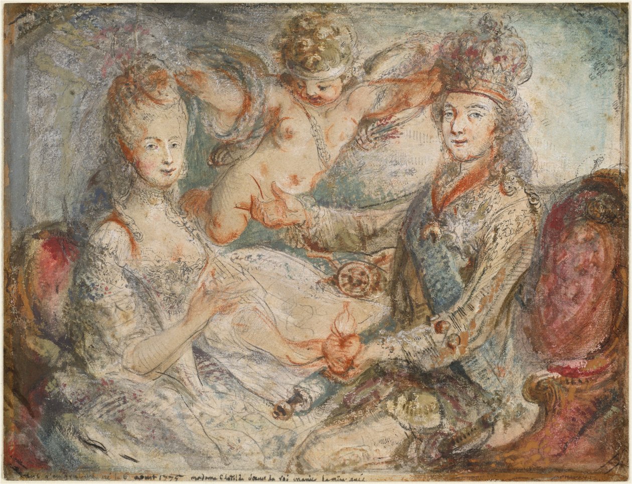 Lodewijk XVI en Marie-Antoinette gekroond door de Liefde door Gabriel Jacques de Saint Aubin