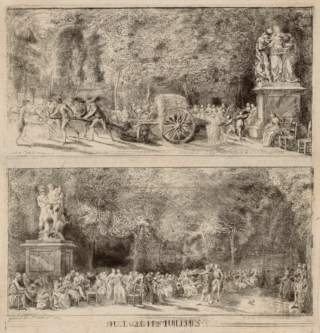 Scènes uit de Tuilerieën: De stoelen en de waterkar door Gabriel Jacques de Saint Aubin