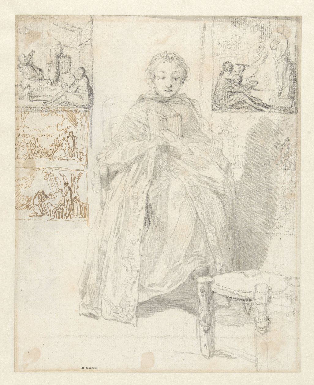 Studieblad met een lezende vrouw en enkele schetsen door Gabriel Jacques de Saint Aubin