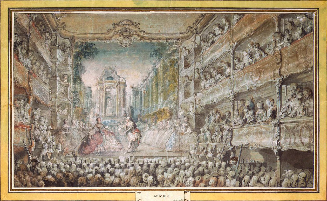 De uitvoering van Armida in de oude zaal van het operahuis, na 1761 door Gabriel Jacques de Saint Aubin
