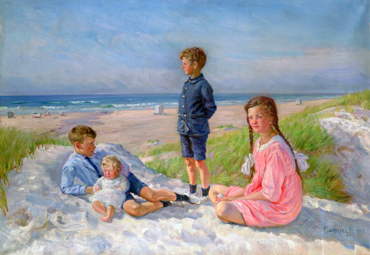 Erik, Else, Ove en Birthe Schultz op het strand, 1919 door Gabriel Jensen