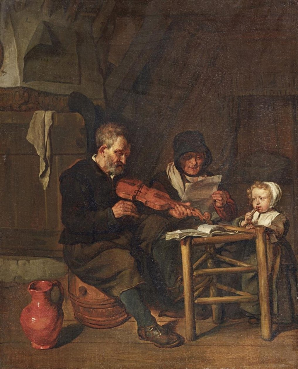 Nederlands: Soo de oude songen, soo piepen de jongen Zoals de ouderen zingen, zo pijpen de jongeren door Gabriel Metsu