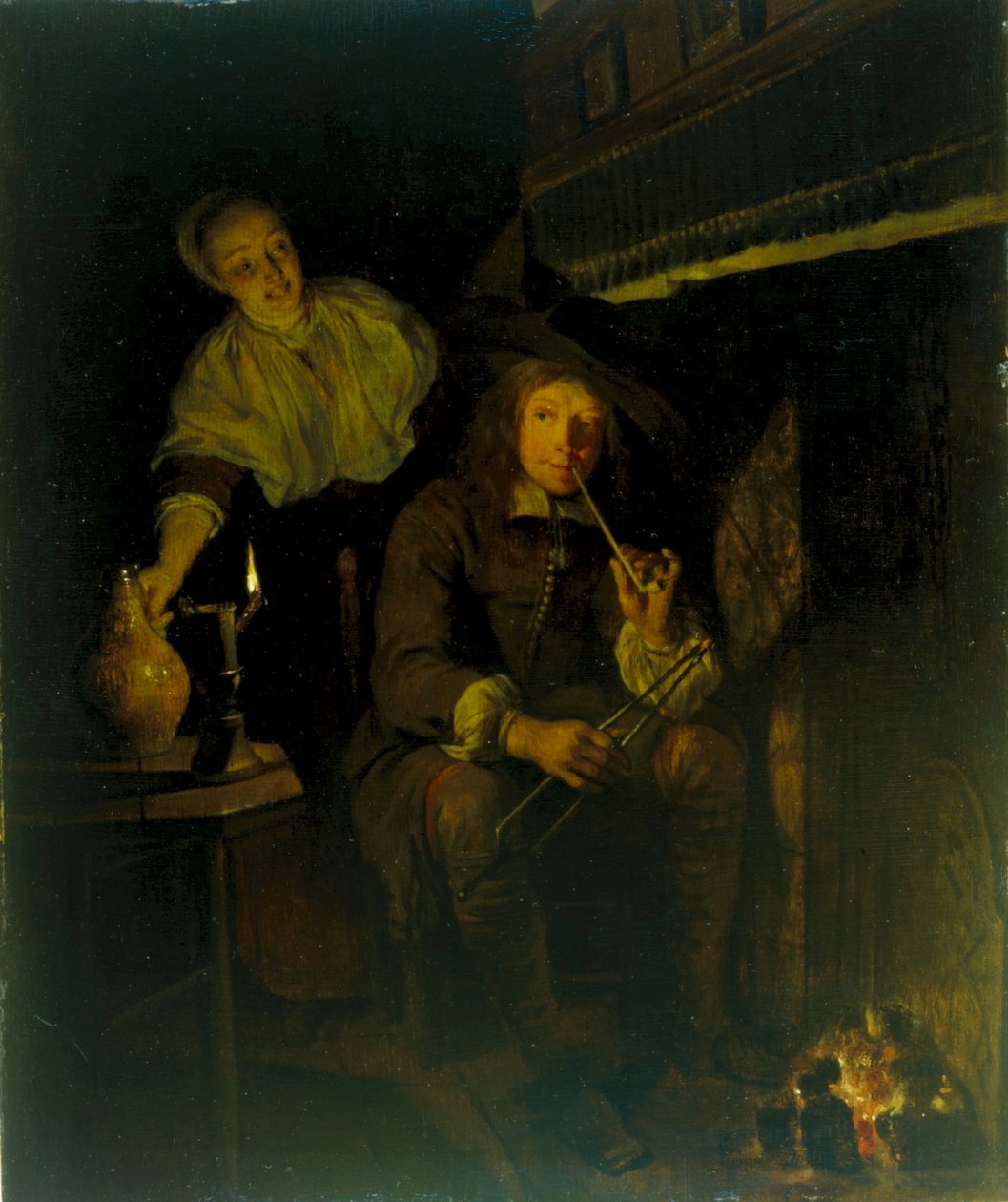 Duits: Der Raucher am Kamin De roker bij het haardvuur door Gabriel Metsu