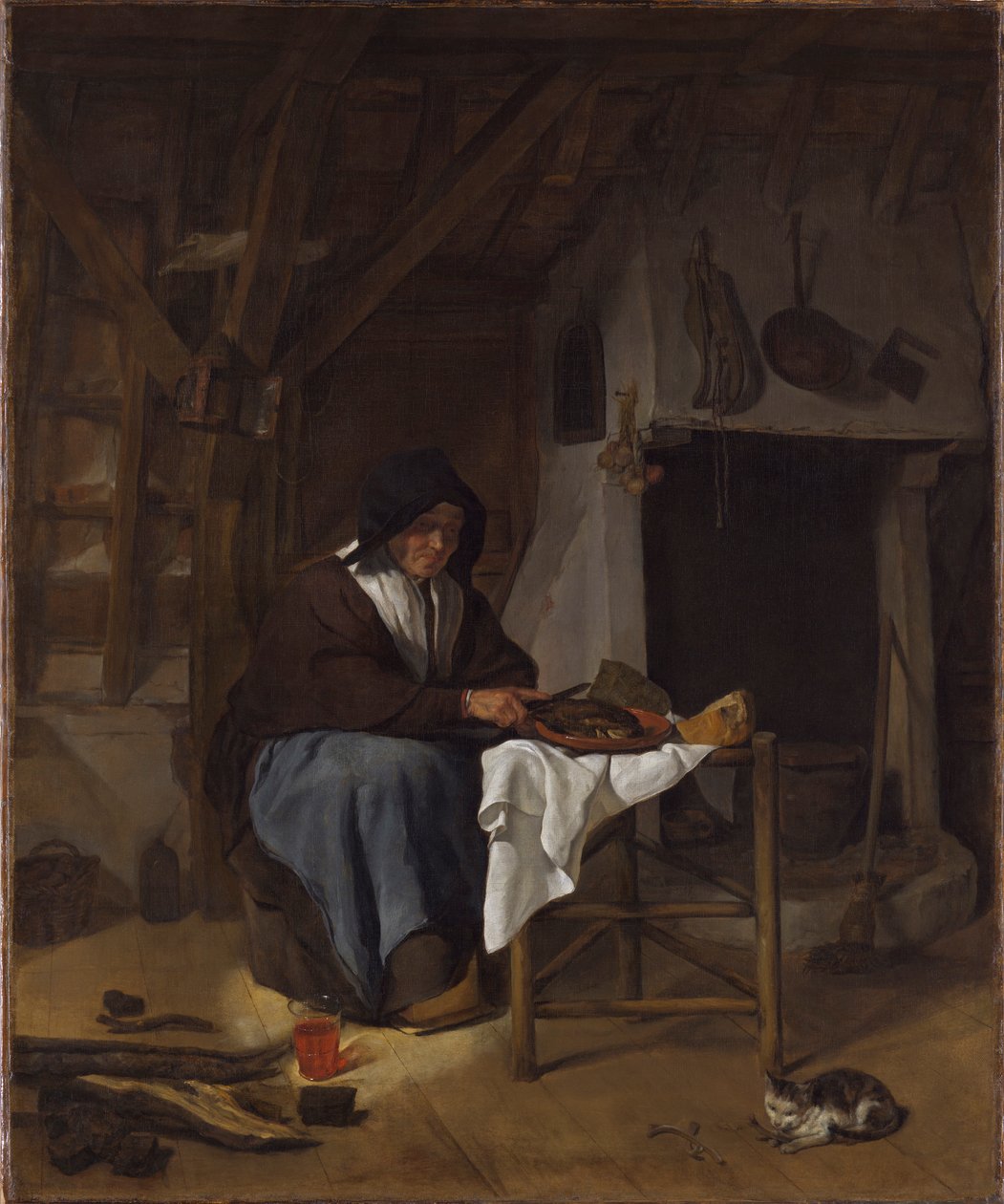 Oude vrouw bij haar maaltijd in een interieur door Gabriel Metsu
