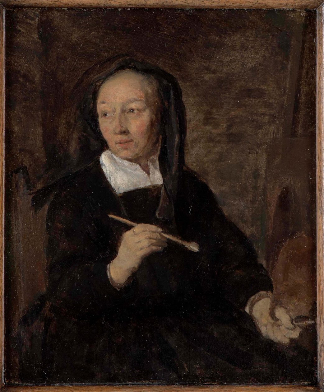 Portret van een vrouwelijke kunstenaar bij haar schildersezel door Gabriel Metsu