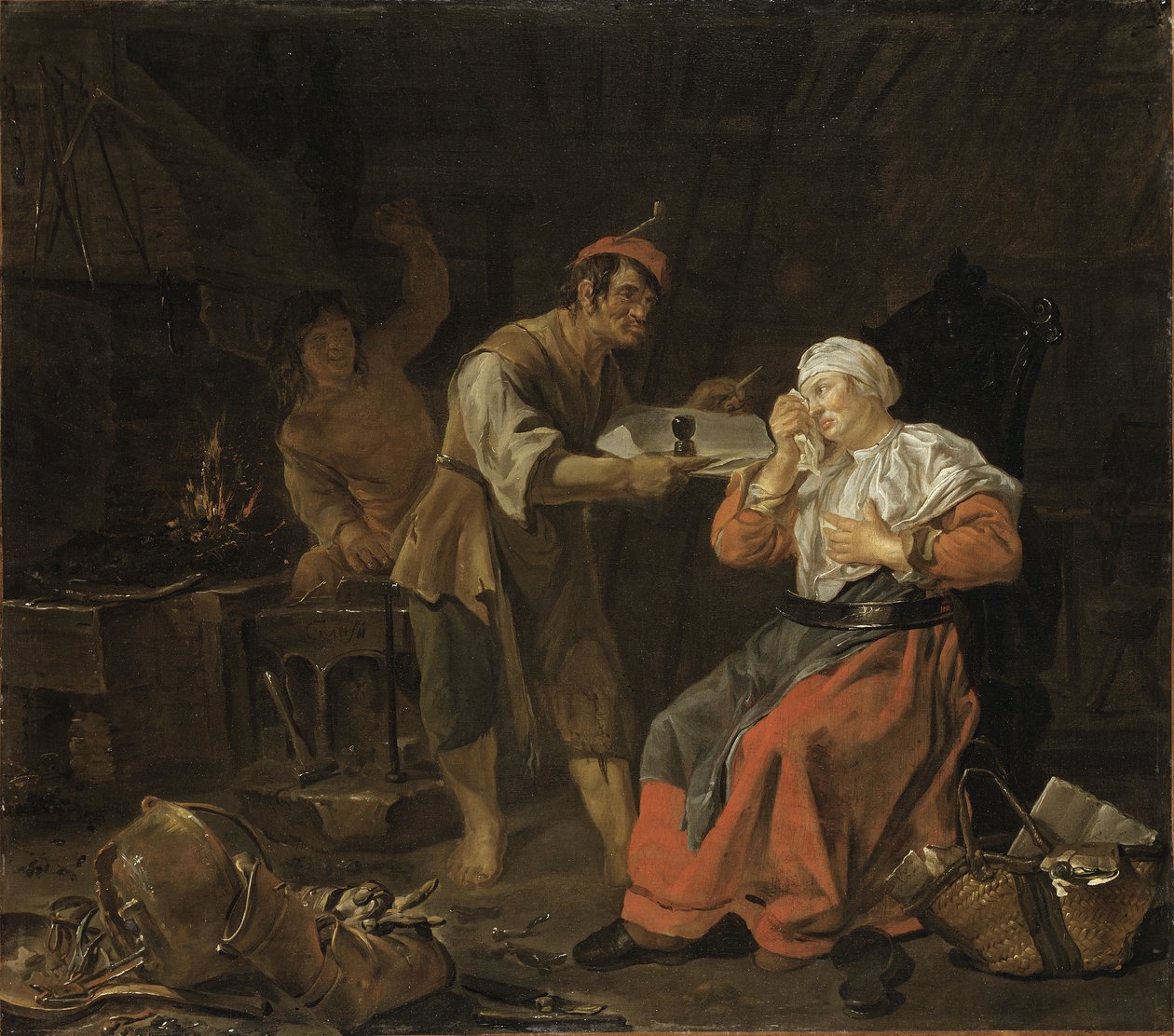 Huilende vrouw in een smederij, ca. 1650 door Gabriel Metsu