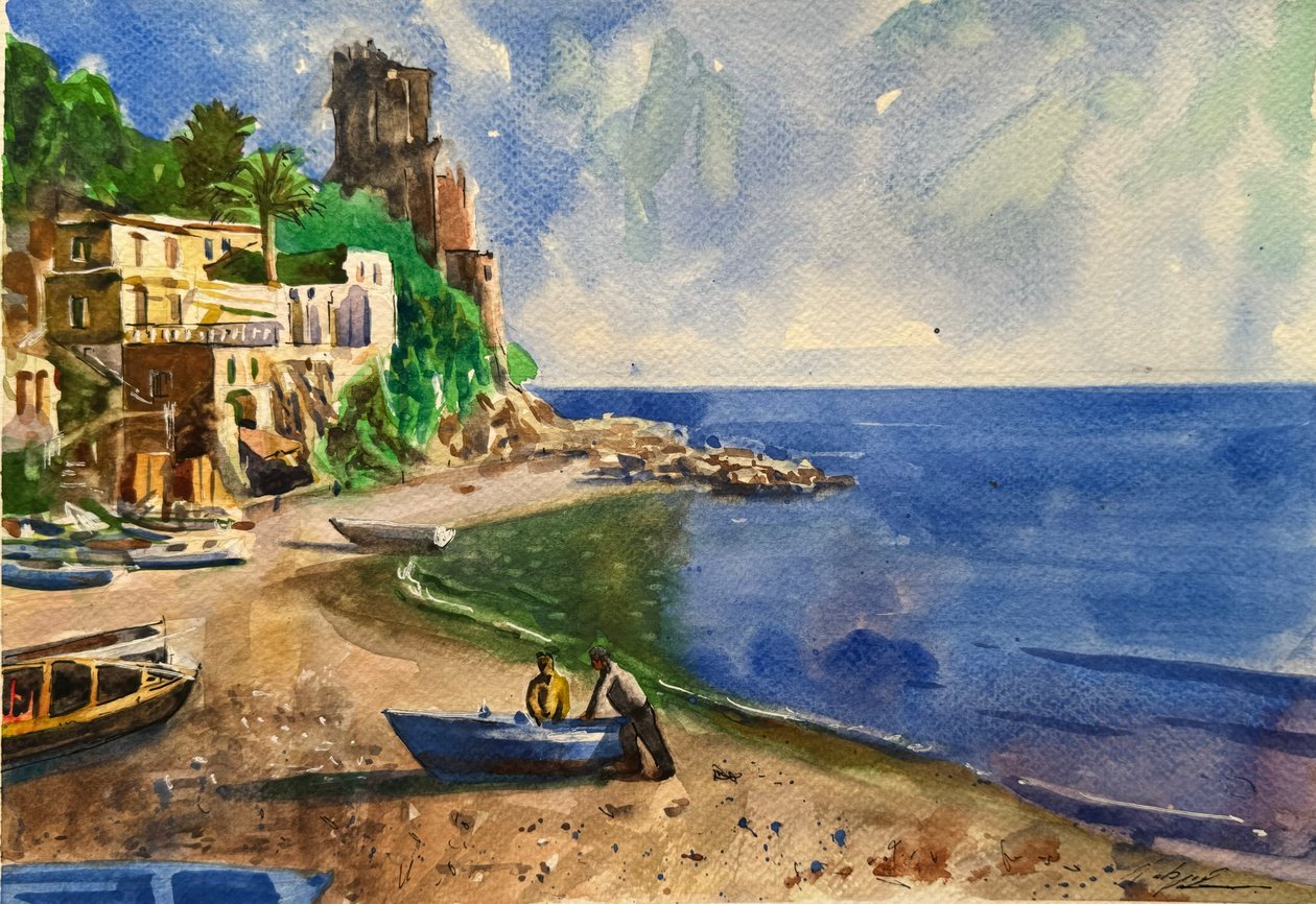 Boten aangemeerd, 2024 (aquarel op papier) door Gabriel Palma