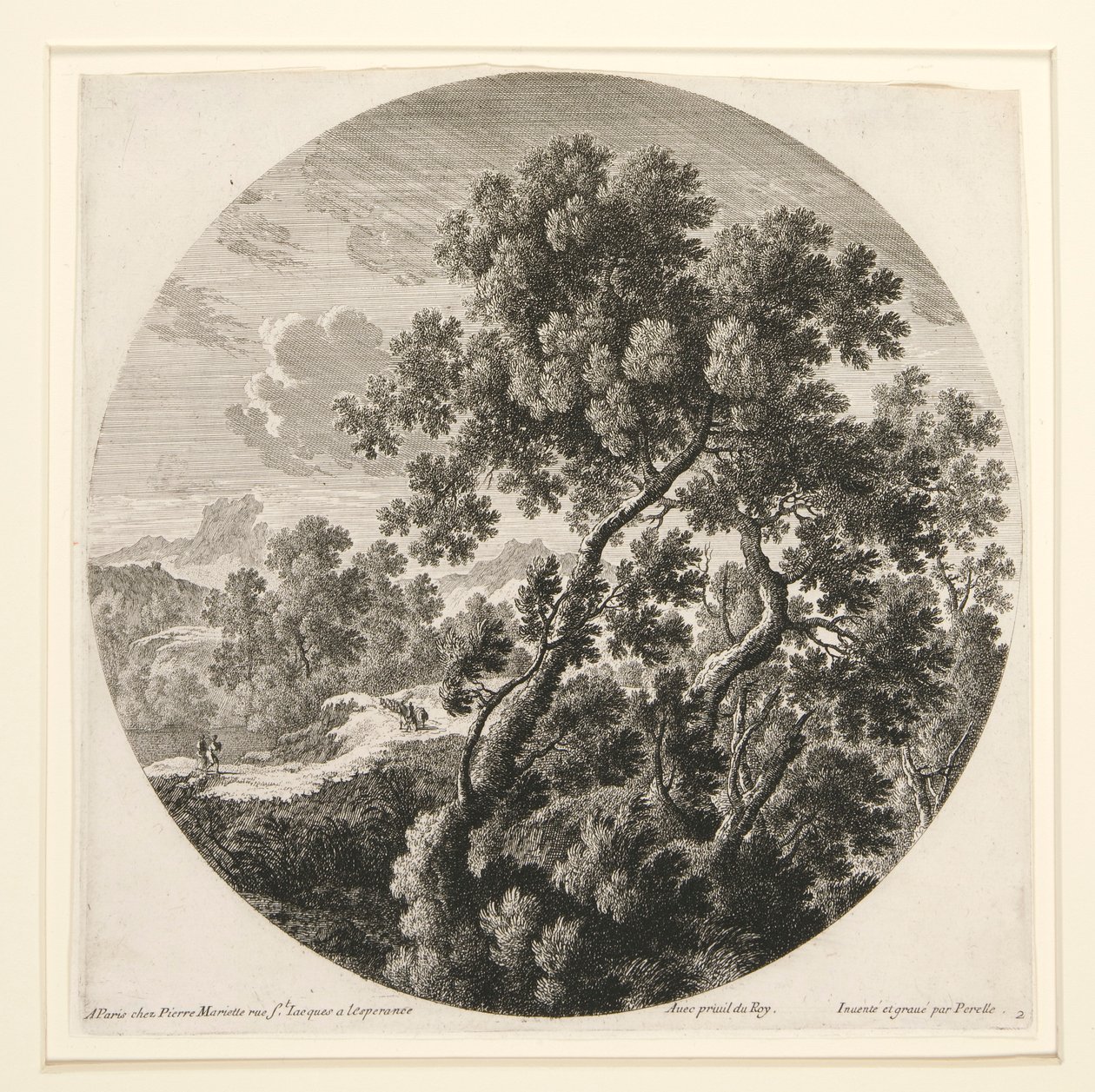 Landschap met twee reizigers en een kasteel; en herder, schapen en vee in een landschap, uit een set van zes landschappen door Gabriel Perelle