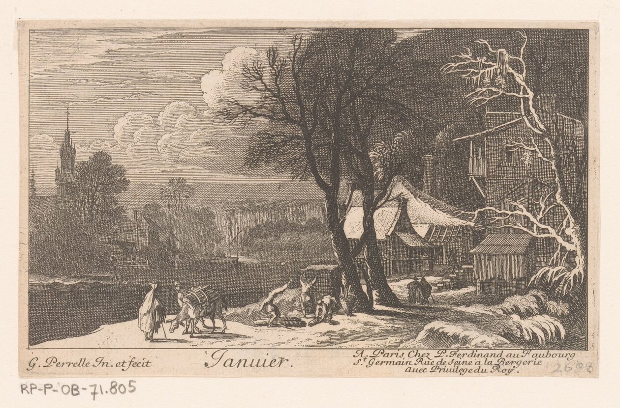 Titelprent met landschap in de maand januari door Gabriel Perelle